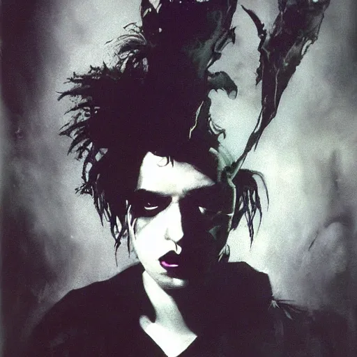 Image similar to portrait of young robert smith as dream from sandman, by jeremy mann, by mike mignola, by dave mckean and richard avedon and maciej kuciara, 1 9 8 0's, punk rock, gothic, the cure, high detailed, 8 k