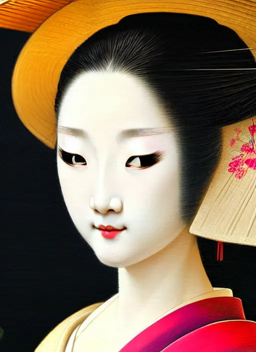 Image similar to glamorous young Geisha closeup portrait, beautiful pale makeup, pearlescent skin, elegant pose, very detailed, highly detailed kimono, photorealism, sharp focus, soft diffuse autumn lights, some sunlight ray, zen temple background, painted by Leonardo da vinci and moebius