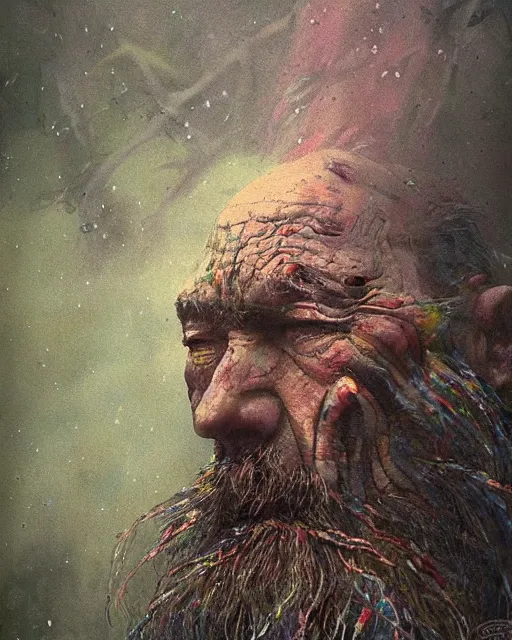 Prompt: a film still extreme close - up shot of an old wizard in a misty swamp by esao andrews. colorful, vibrant. trending on artstation