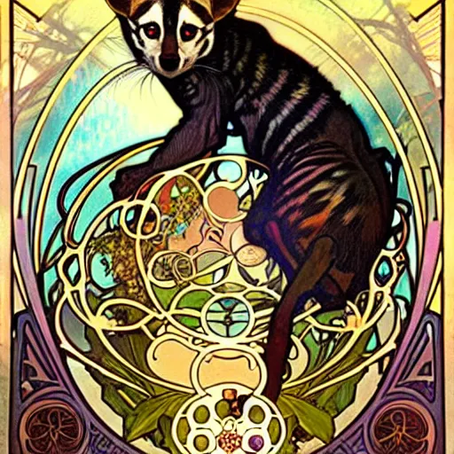 Image similar to An african civet by Alphonse Mucha, and Julie Dillon. Photorealistic. Art nouveau. Incredibly Beautiful.