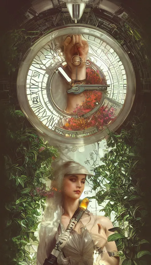 Image similar to hyper realistic time machine schematics, cyberpunk, design on white background, beautiful details, lush foliage, drawn by john singer sargent, tom bagshaw, norman rockwell, alphonso mucha, lolish, trending on artstation