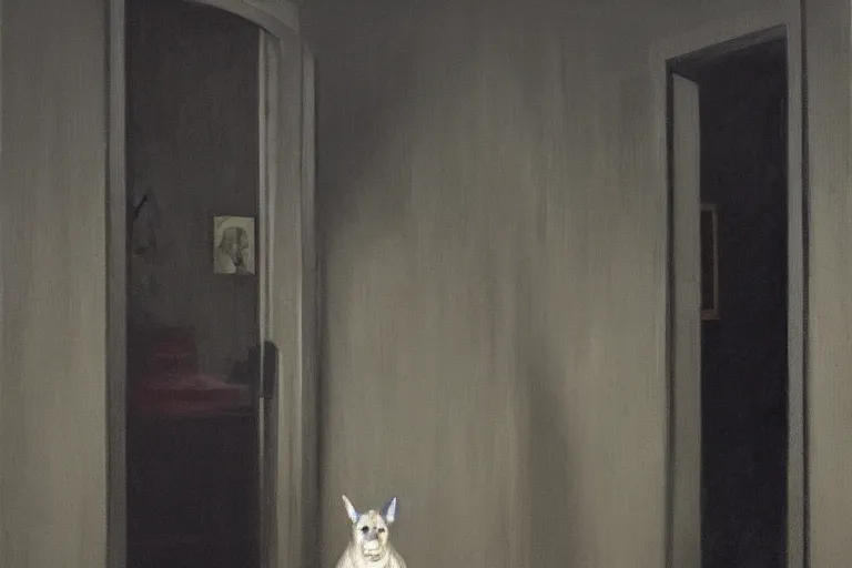 Prompt: unsettling unnatural dog behaving strangely standing in a dark doorway, dragan bibin, phil hale, ( goya )