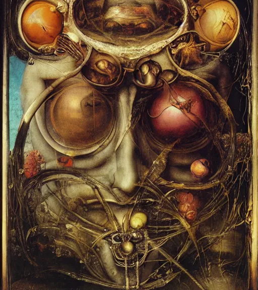 Image similar to an oil painting by botticelli, by arcimboldo, by yoshitaka amano, by beksinski, by giger, by hieronymus bosch, by albrecht durer, by gustave moreau seen through a kaleidoscope, detailed, high resolution, scratches,