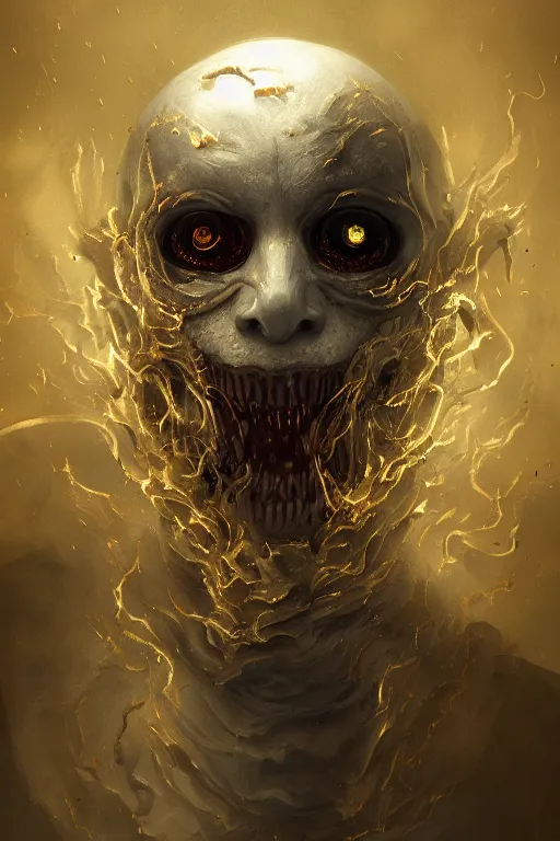 Image similar to Haunting horrifying detailed painting of a man made of cloudy smoke, golden teeth and glowing lens flare eyes, hyper detailed, trending on Artstation