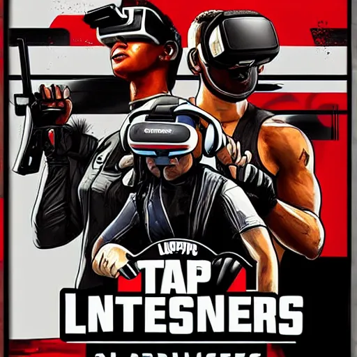 Image similar to cinematic poster art of wrestlers wearing vr headsets, gta cover, apex legends, tap out, halo, fortnite, ufc, digital illustration by basil gogos