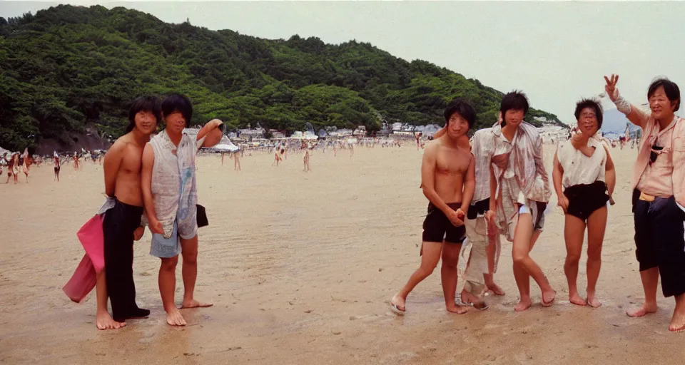 Prompt: 90s Japan, Professional photograph, some people in the beach, midsummer