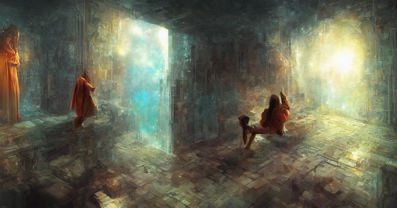 Prompt: Imagination of The point of view of human consciousness from calm space behind mirror into world of physical reality, deep sense of spirituality, life meaning, meaning of physical reality, calm atmosphere, by Marc Simonetti