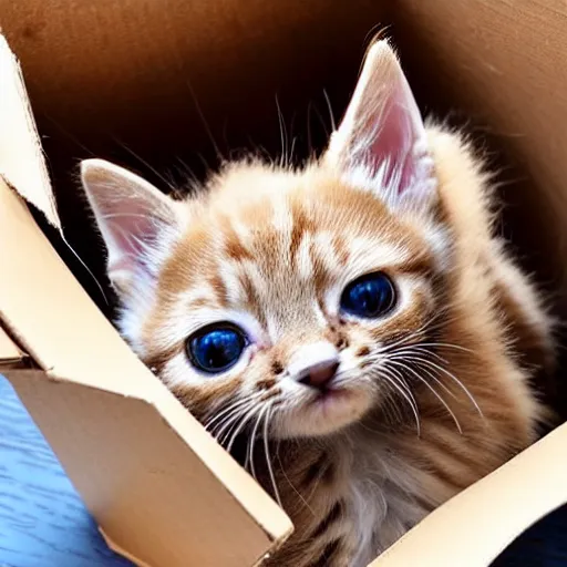 Image similar to a cardboard box, inside full of cute kittens