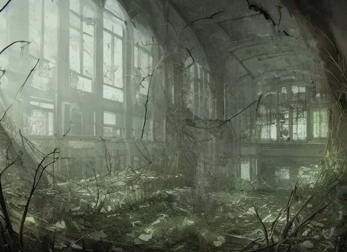 Prompt: abandoned high school overtaken by plants and nature and rot, artstation, high quality, detailed, eerie atmosphere, in the style of Rui Komatsuzaki