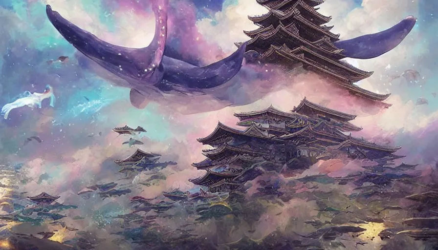 Prompt: massive flying whales with water aura jumps over himeji temple in a mutiversal otherworldly realm, star trek style, by peter mohrbacher, jeremy mann, francoise nielly, android james, ross tran, beautiful, award winning scenery, clean details, serene, sakura season