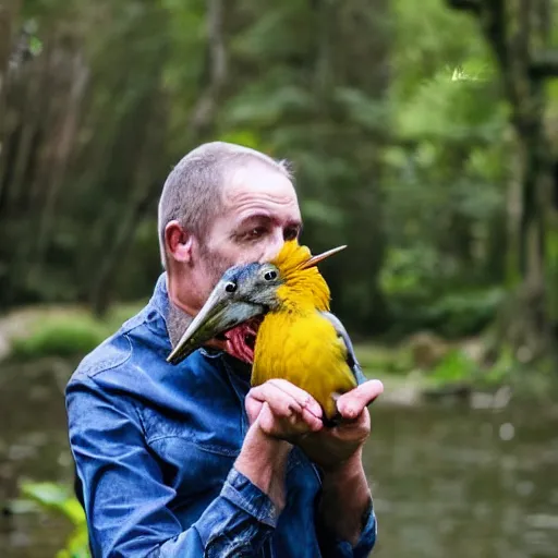 Prompt: photo of man with bird in his mouth