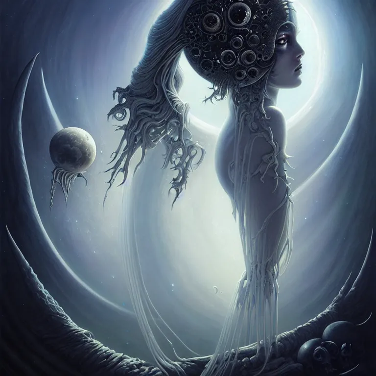 Prompt: skewed in the void, hr giger and cgsociety. one stunning luna goddess of personification of the moon by charlie bowater and tom bagshaw, insanely detailed, artstation, space art. sparkling flower fractules surrounded by skulls and robots deep under the sea, horror, fantasy, surrealist painting, by peter rohrabacher annatto finnstark