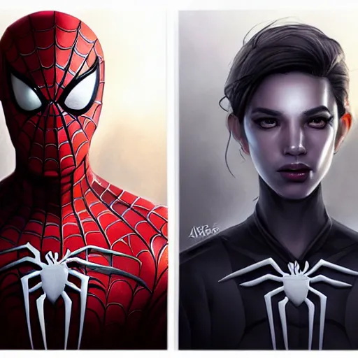 Image similar to characters portrait of Neo mixed with Spiderman by ArtGerm and Tom Bagshaw, merged character, 4k, highly detailed, cinematic lighting