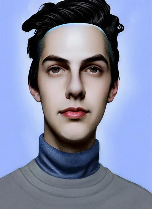 Image similar to portrait of teenage jughead jones wearing a light grey crown, crown, blue turtleneck, 1 9 5 0 s, closed eyes, photorealistic, black hair, glowing lighting, intricate, elegant, glowing lights, highly detailed, digital painting, artstation, concept art, smooth, sharp focus, illustration, art by wlop, mars ravelo and greg rutkowski