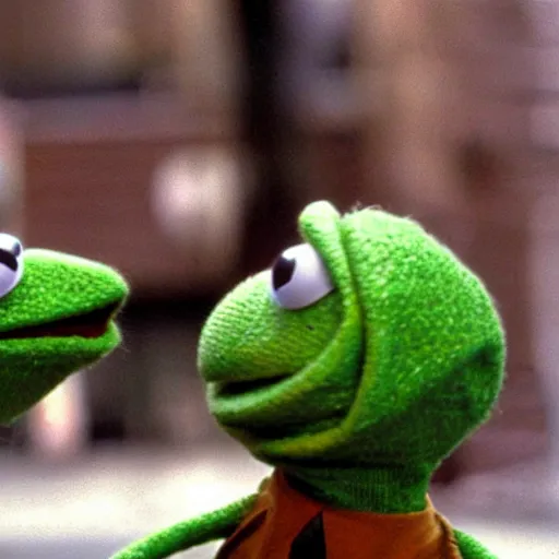 Prompt: Kermit the frog in the scene from the film The Matrix