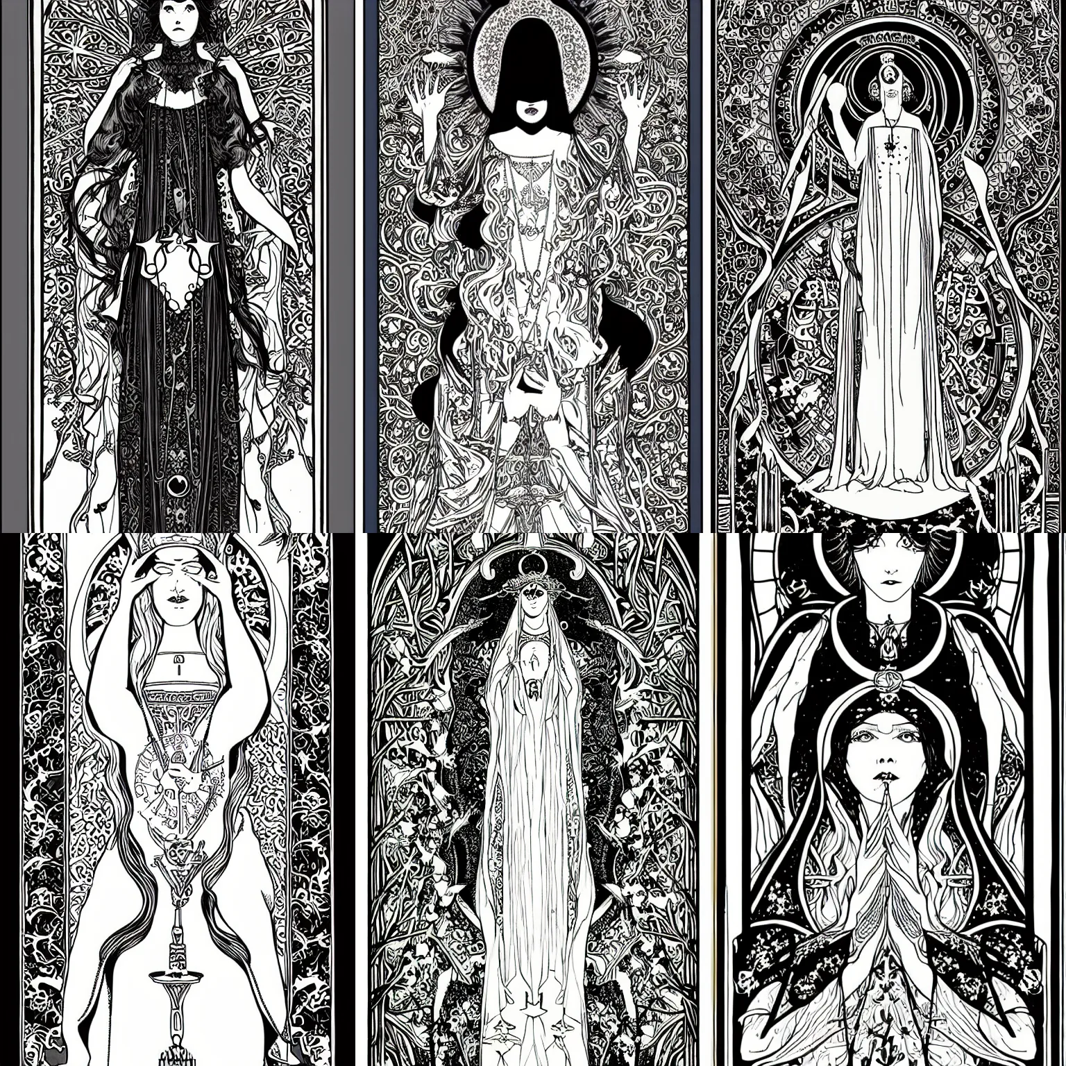 Prompt: High priestess tarot card, spiritual, 4k digital illustration by Aubrey Beardsley and James Jean, Tarot Card, occult, iconography, intricate border designs, Artstation