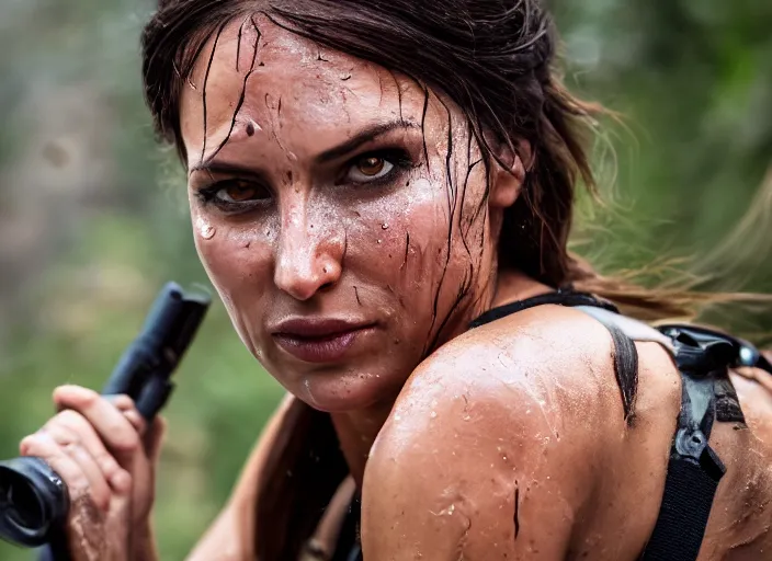 Image similar to wide dslr photo still of lara croft, her face flushing and sweat, 8 k, 8 5 mm f 1. 4