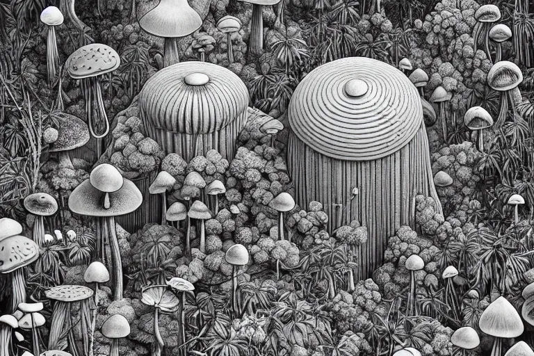 Prompt: surreal thin line art by ricardo bofill!!, a lot of jungle flowers and plants + poison toxic mushrooms surrounded by cables + long grass + garden dwarf + big stone + mystic fog, 5 0's vintage sci - fi style, rule of third!!!!, line art, 8 k, super detailed, high quality, top view