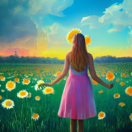 Image similar to face made of giant daisies, girl standing barefoot in a flower field, holding flowers, surreal photography, sunrise dramatic light, impressionist painting, colorful clouds, large sky, digital painting, artstation, simon stalenhag, flower face