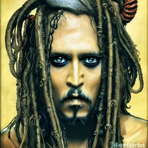 Prompt: a hyperrealistic illustration of Captain Jack Sparrow as Davy Jones, Davy Jones with Tentacles, Face hybrid of Davy Jones and Jack Sparrow, symmetrical face