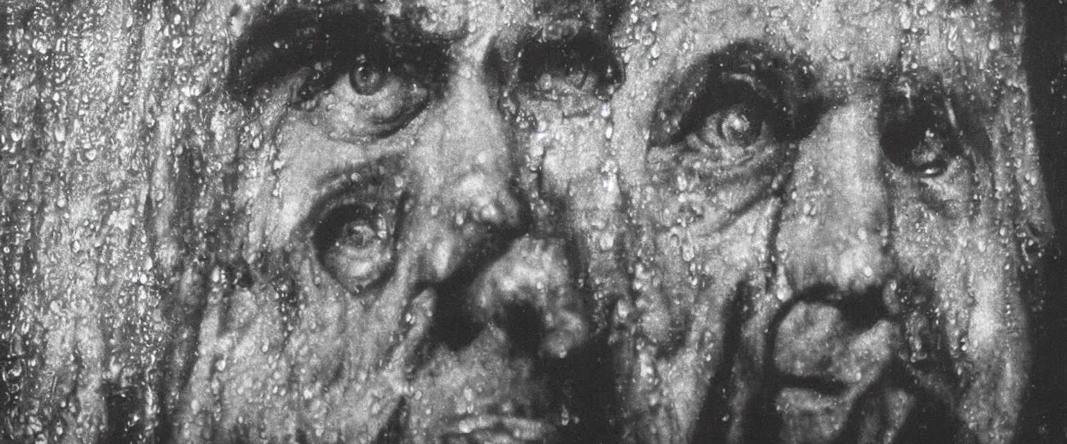 Prompt: weegee self portrait in rain in close up