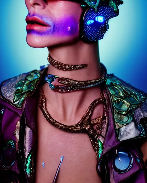 Image similar to natural light, soft focus portrait of a cyberpunk anthropomorphic chameleon with soft synthetic pink skin, blue bioluminescent plastics, smooth shiny metal, elaborate ornate head piece, piercings, skin textures, by annie leibovitz, paul lehr