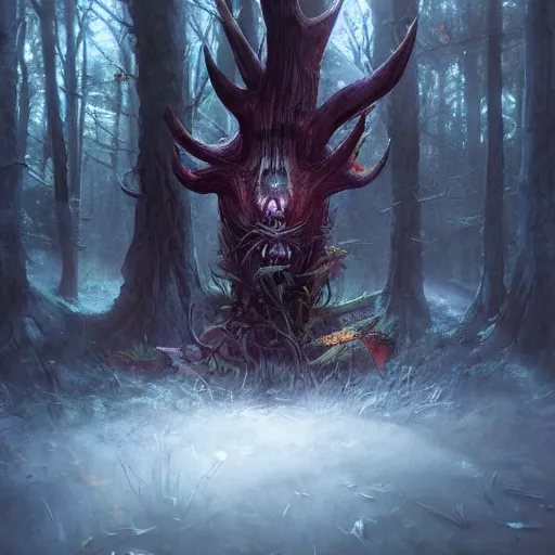 Image similar to highly detailed creepy forest creature with antlers, stephen bliss, unreal engine, fantasy art by greg rutkowski, loish, rhads, ferdinand knab, makoto shinkai and lois van baarle, ilya kuvshinov, rossdraws, tom bagshaw, global illumination, radiant light, detailed and intricate environment