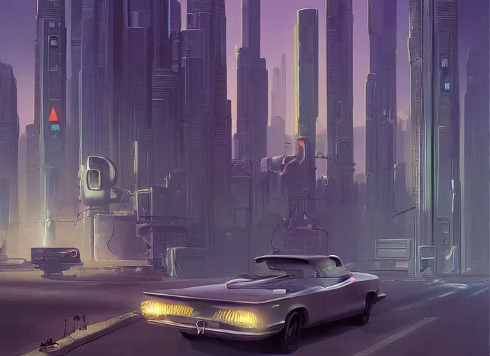 Prompt: a car driving down a street next to tall buildings the night at 10:00 am, cyberpunk art by Chesley Bonestell, cgsociety, retrofuturism, matte painting, reimagined by industrial light and magic