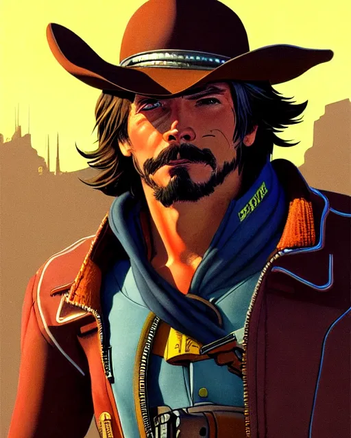 Image similar to mccree from overwatch, character portrait, portrait, close up, concept art, intricate details, highly detailed, vintage sci - fi poster, retro future, in the style of chris foss, rodger dean, moebius, michael whelan, and gustave dore