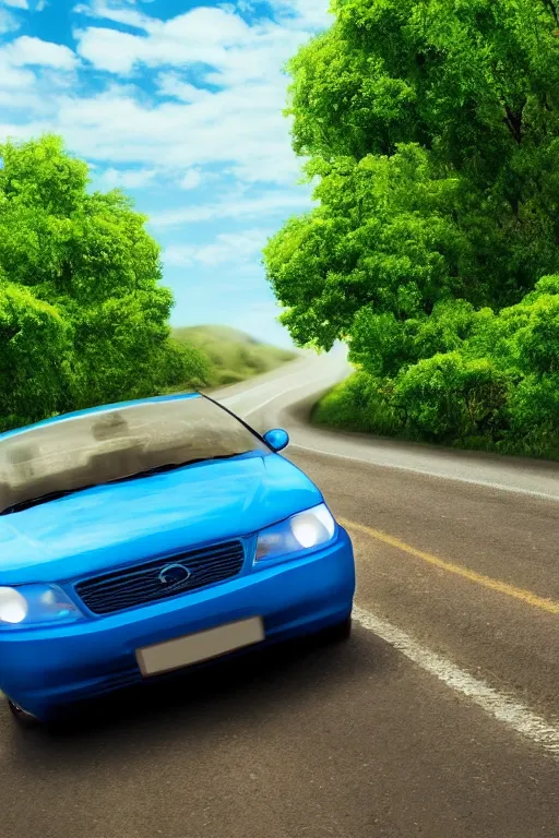 Prompt: a blue car is driving on a small road in the wild with small yellow flowers on both sides of the road, the weather is sunny, white clouds are blooming, movie texture, 8 k, hyper - realistic