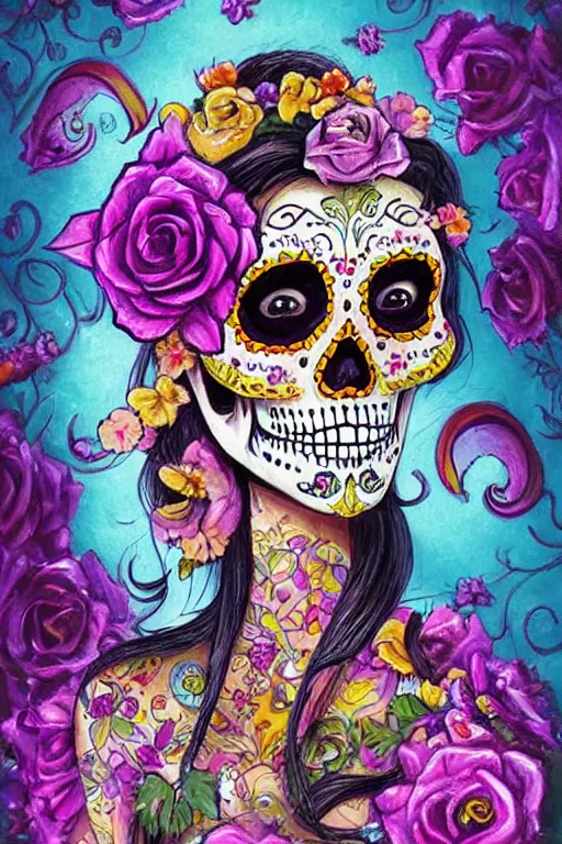 Prompt: Illustration of a sugar skull day of the dead girl, art by Thomas Kinkade