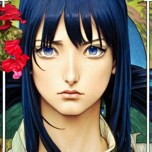 Image similar to intricately detailed vfx portrait of nico robin by eiichiro oda!, makoto shinkai, alphonse mucha, art by artgerm and greg rutkowski!, blue eyes!!, large aquiline nose!!, best of behance, concept art, matte, sharp focus, adolphe bouguereau, annie leibovitz, stanley kubrick,