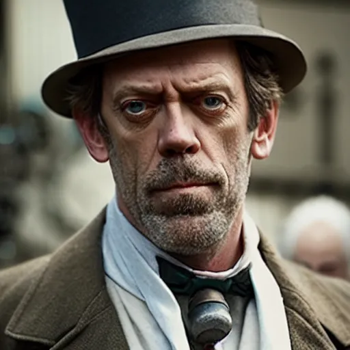 Prompt: Hugh Laurie as Sherlock Holmes, movie still frame, cinematic lighting