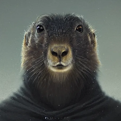 Prompt: portrait of a Marmot in a black cloak,  glowing eyes, detailed face, highly detailed, cinematic lighting, digital art painting by greg rutkowski.