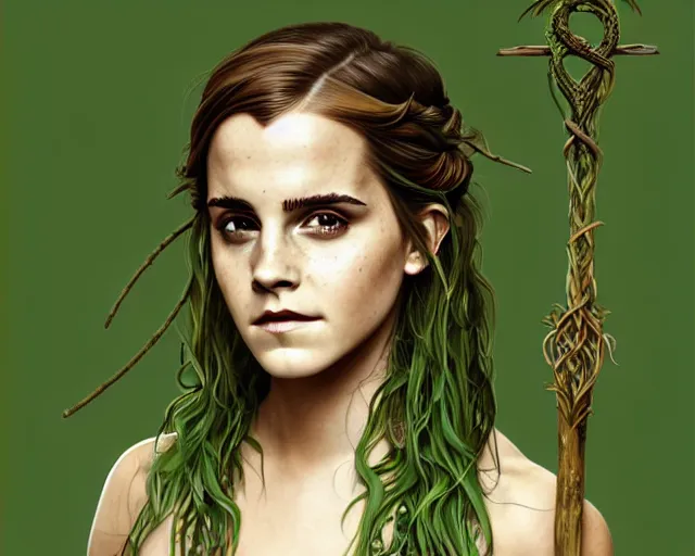 Image similar to mindblowing portrait of emma watson as a swamp witch, green colored skin, green hair, holding a caduceus staff, messy hair, deep focus, d & d, fantasy, intricate, elegant, highly detailed, digital painting, artstation, concept art, matte, sharp, illustration, hearthstone, art by artgerm and greg rutkowski and alphonse mucha