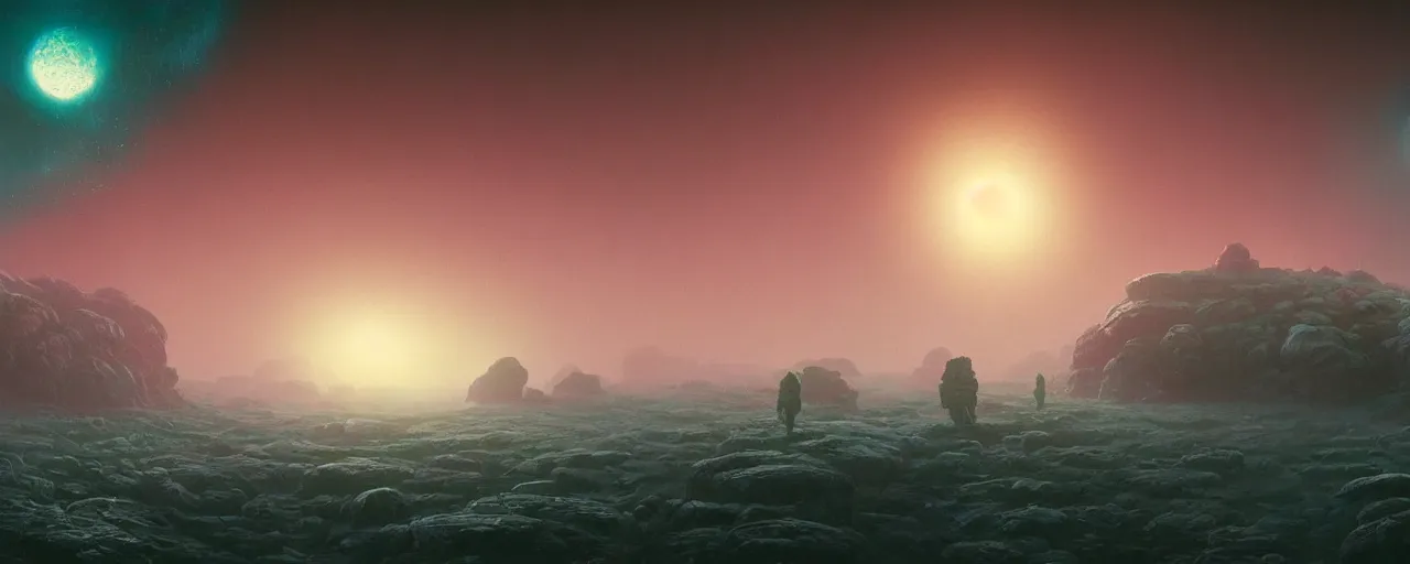 Image similar to ” outer planet with thick fog and alien artefacts, [ cinematic, detailed, epic, widescreen, opening, establishing, mattepainting, photorealistic, realistic textures, octane render, art by paul lehr ] ”