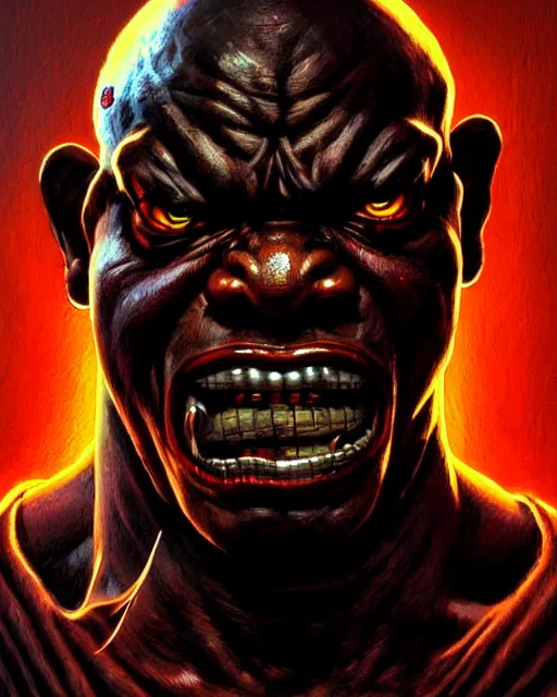 Image similar to doomfist from overwatch, evil sinister, angry nigerian man, rage, character portrait, portrait, close up, concept art, intricate details, highly detailed, horror poster, horror, vintage horror art, realistic, terrifying, in the style of michael whelan, beksinski, and gustave dore