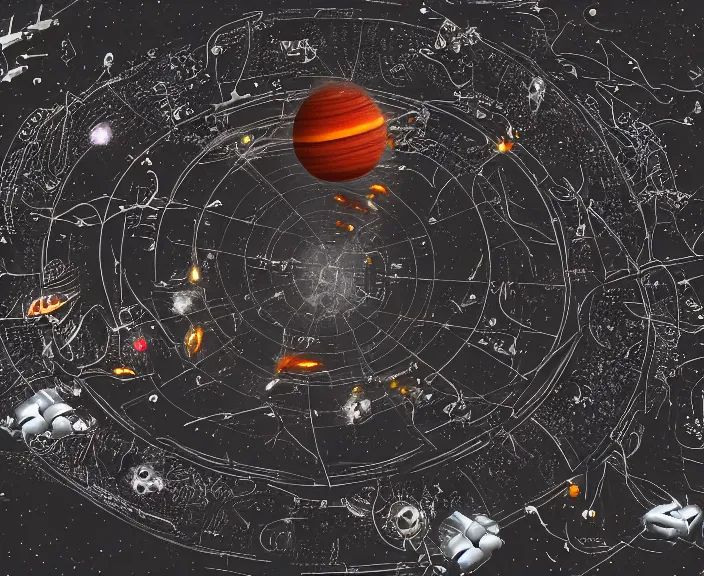Image similar to a space junkyard forming a tilted disk in black starless space, a graveyard of space stations and giant space structures, dark sci - fi game map with solid black background