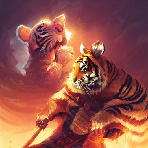 Prompt: Mouse/tiger, ferocious, angry, biting, magic the gathering artwork, D&D, fantasy, cinematic lighting, centered, symmetrical, highly detailed, digital painting, artstation, concept art, smooth, sharp focus, illustration, volumetric lighting, epic Composition, 8k, art by Akihiko Yoshida and Greg Rutkowski and Craig Mullins, oil painting, cgsociety