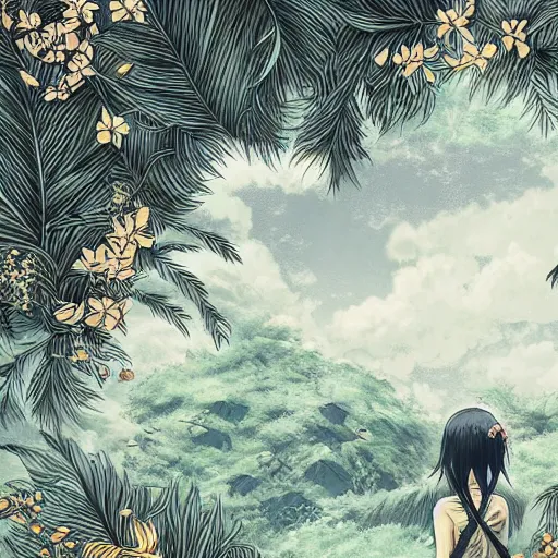 Image similar to black paper + an intricate lelabo depiction + elaborate white illustration, very detailed, deviantart, 8 k vertical wallpaper, tropical, colorful, airy, anime illustration, anime nature