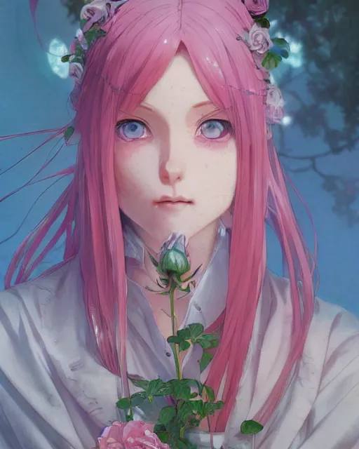 Image similar to blue eyed pink haired anime girl, roses everywhere, highly detailed, digital painting, artstation, concept art, smooth, sharp focus, illustration, art by artgerm and greg rutkowski and alphonse mucha