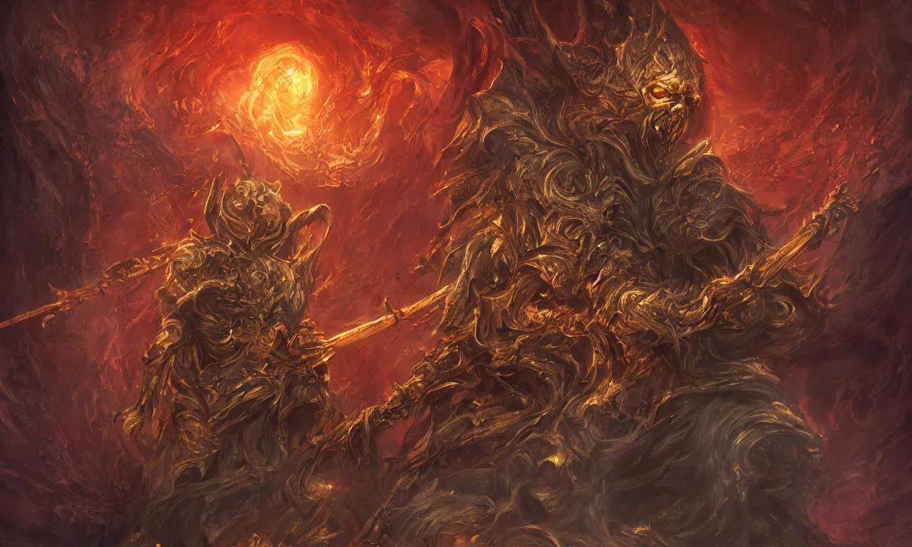 Image similar to breathtaking detailed soft painting of a grim reaper king with golden scythe, flowers intricated in bleeding meat, volumetric lighting, concept art, matte, sharp focus, art by celestialfang, matchach, juanmao, trending on artstation