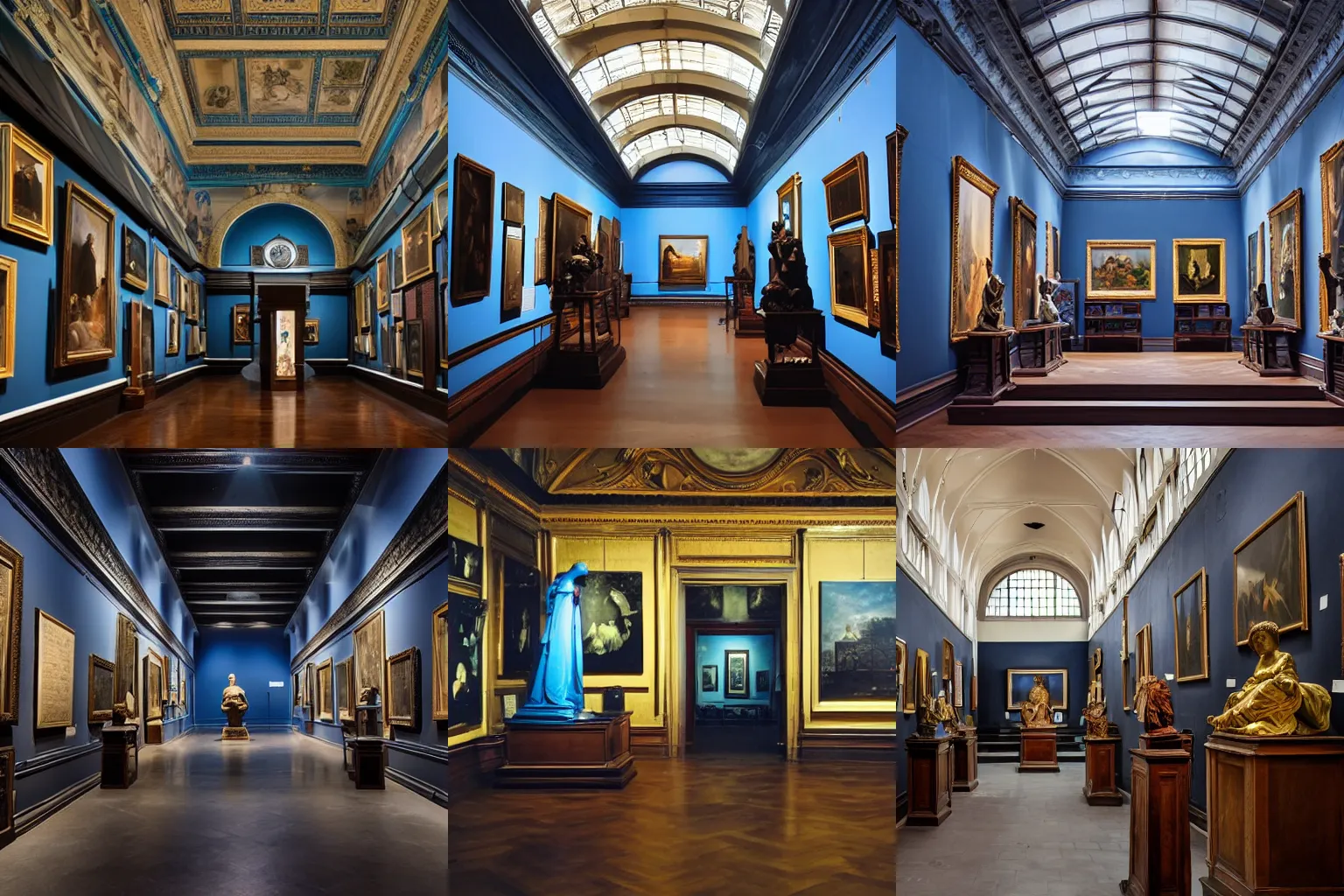 Prompt: a history museum hall with statues and paintings, dark academia aesthetics, mood light, blue