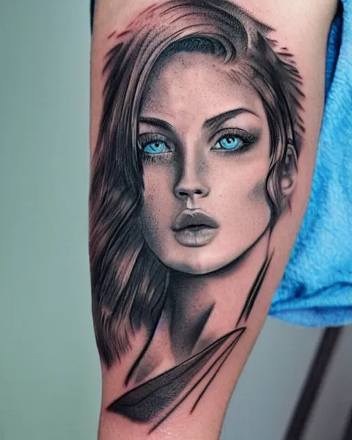 Image similar to tattoo design sketch of a beautiful blue - eyed woman face with a faded background of beautiful mountains on her side, hyper - realistic, in the style of den yakovlev, amazing detail, black and white