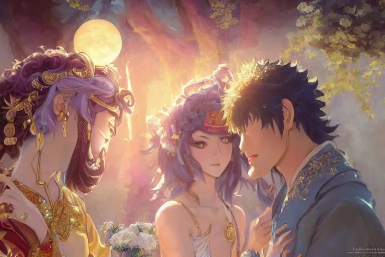 Image similar to close up moment of a divine a japan sun god and a moon goddess lovers magician at a wedding banquet, highly detailed, d & d, fantasy, 4 k realistic, digital painting, trending on artstation, concept art, sharp focus, illustration, art by makoto shinkai and akihiko yoshida and daniel gerhartz