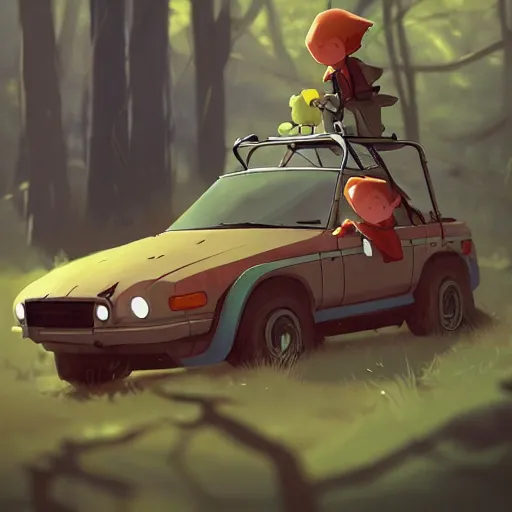 Image similar to goro fujita ilustration hikers parking the car in the forest, characterized by masamune shirow and greg rutkowski, character art, focus, highly detailed, artstation