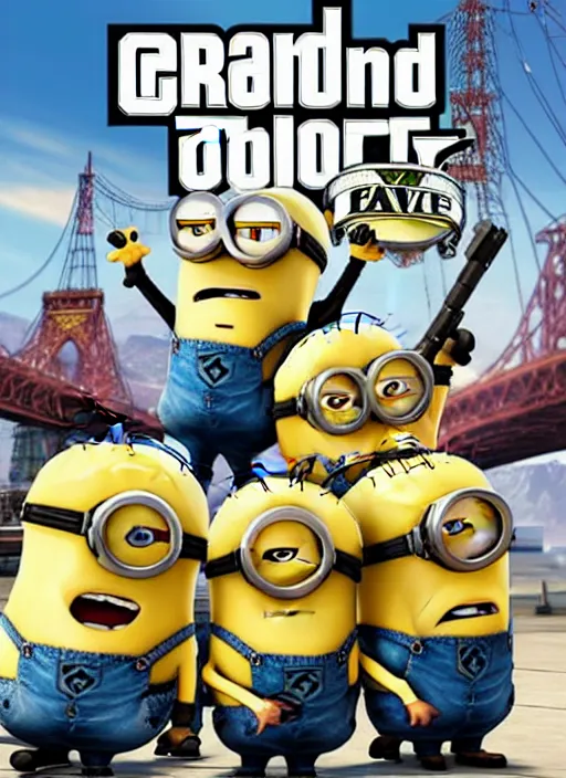 Image similar to grand theft auto 5 cover art of minions from despicable me