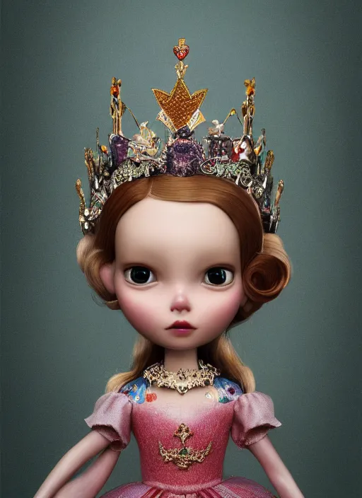 Image similar to closeup profile portrait of tin toy fairytale princess wearing a crown, depth of field, zeiss lens, detailed, symmetrical, centered, fashion photoshoot, by nicoletta ceccoli, mark ryden, lostfish, breathtaking, 8 k resolution, extremely detailed, beautiful, establishing shot, artistic, hyperrealistic, octane render