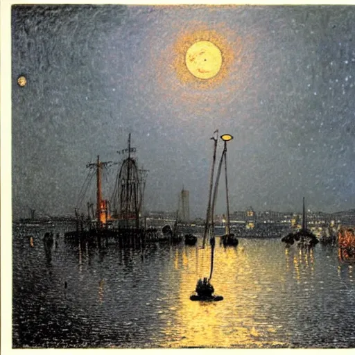 Prompt: A moonlit harbour being attacked by a giant Martian tripod in the style of John Atkinson Grimshaw