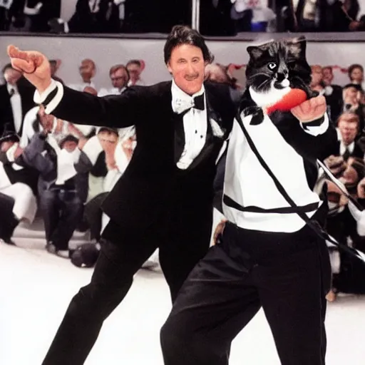 Prompt: tuxedo cat winning a prizefight against wayne gretzky